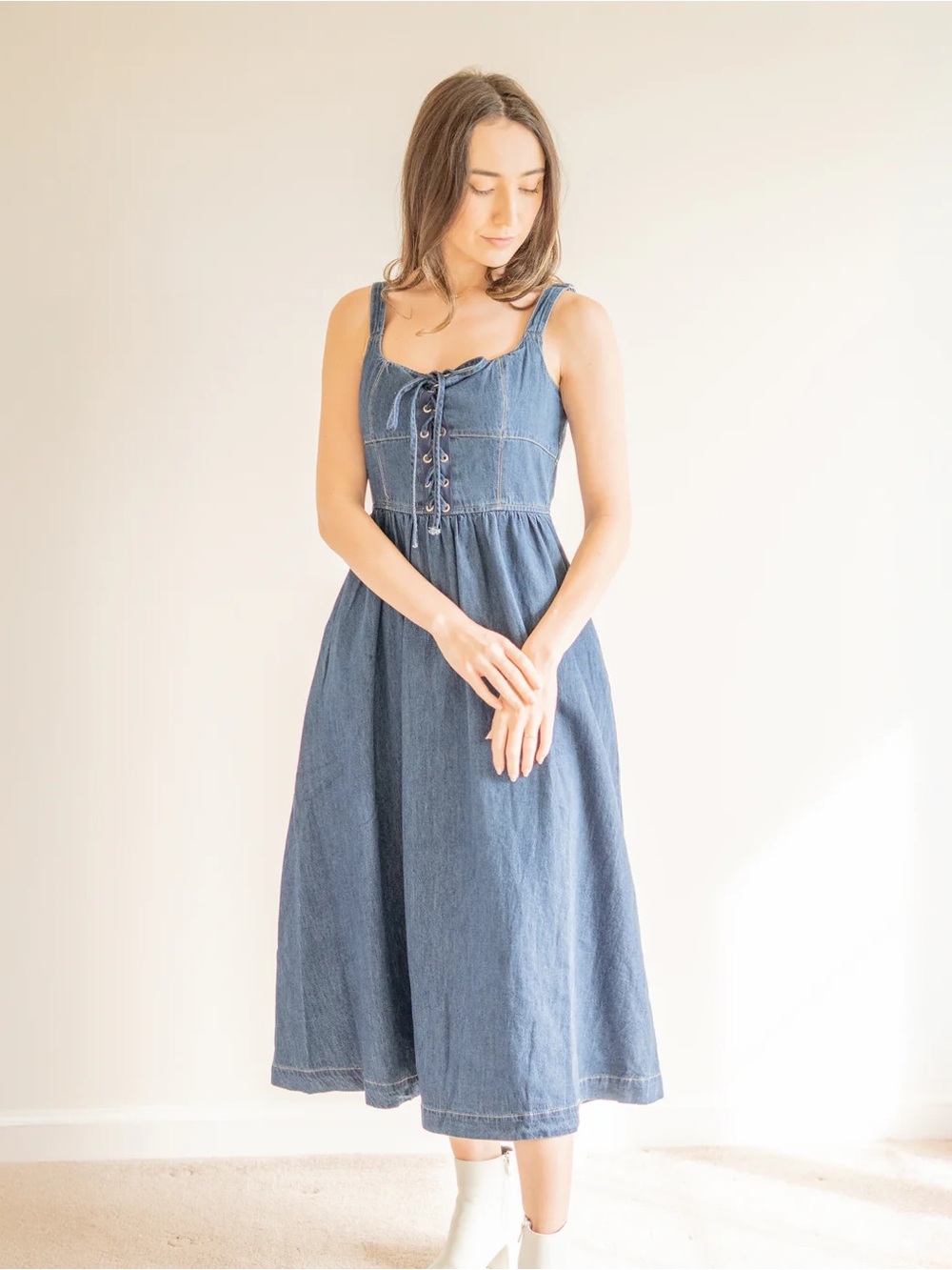 New with tags Blu Pepper Lace-Up Sleeveless Denim Midi Dress